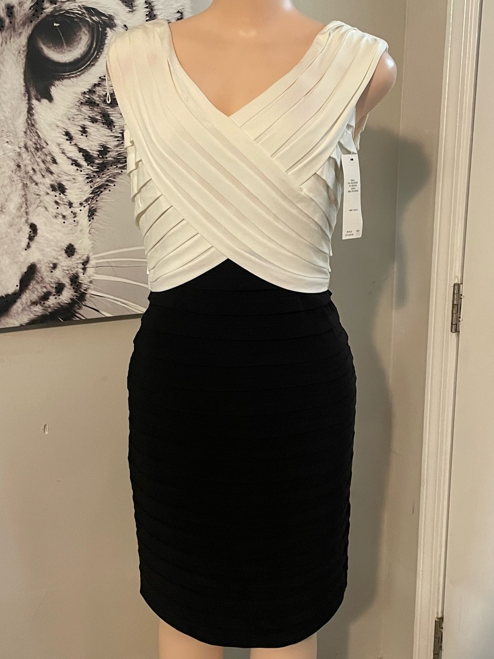 Adrianna Papell Black and White Pleated Wrap Midi Dress